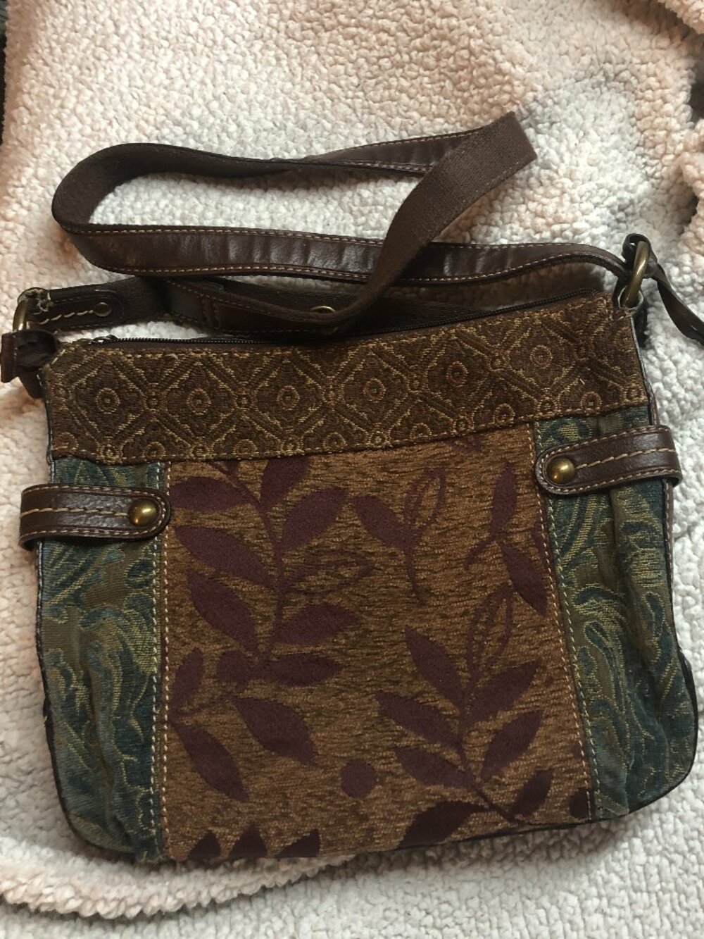 Fossil Brown Green Floral Jacquard Fabric Shoulder crossbody Boho Patchwork bag